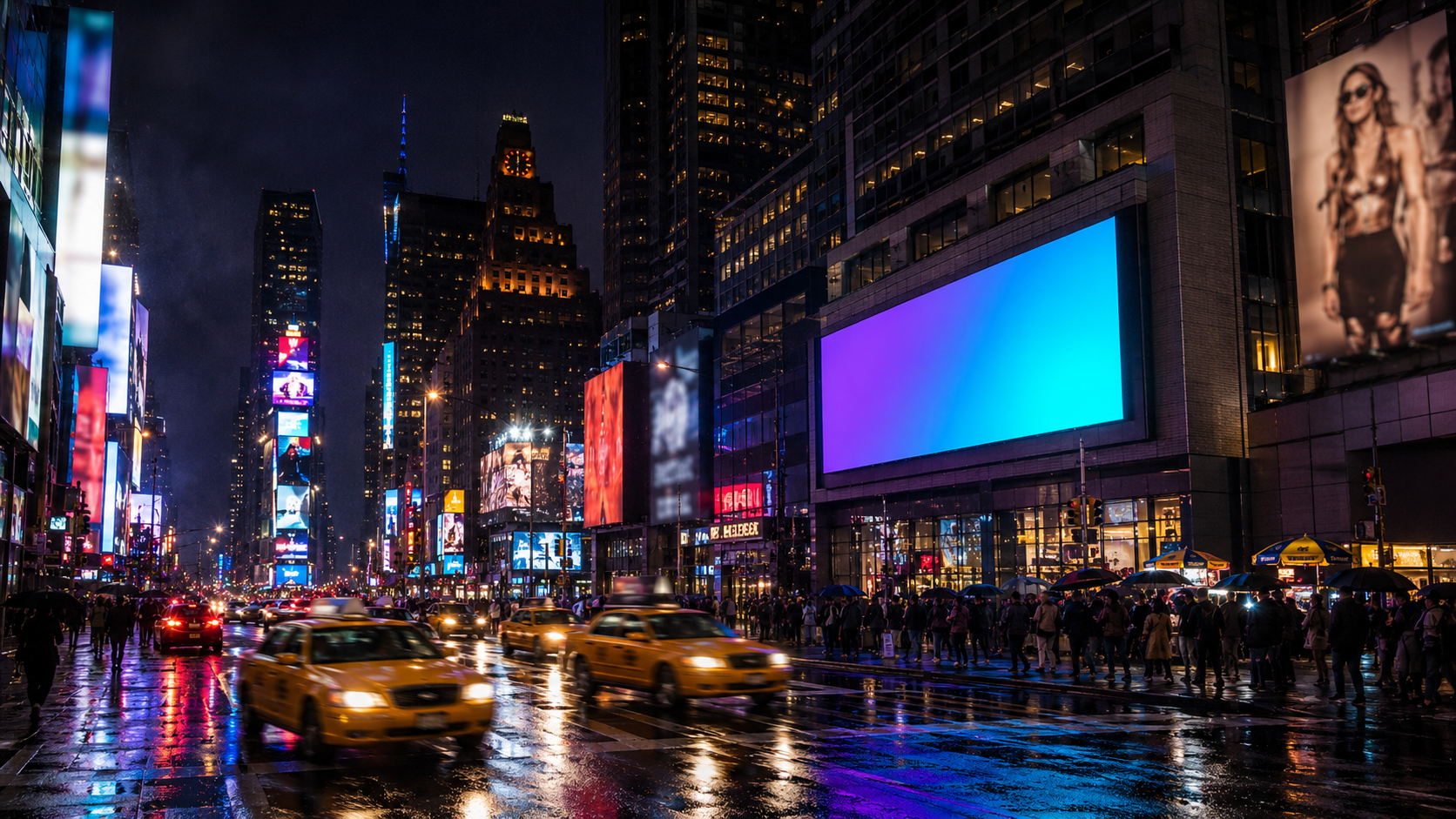 Times Square at night with digital billboard, illustrative placeholder