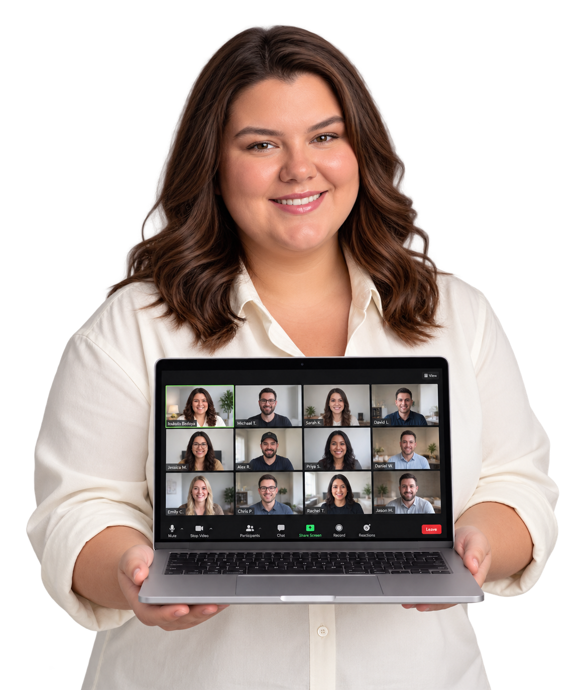 Isabella holding a laptop showing a live Zoom webinar